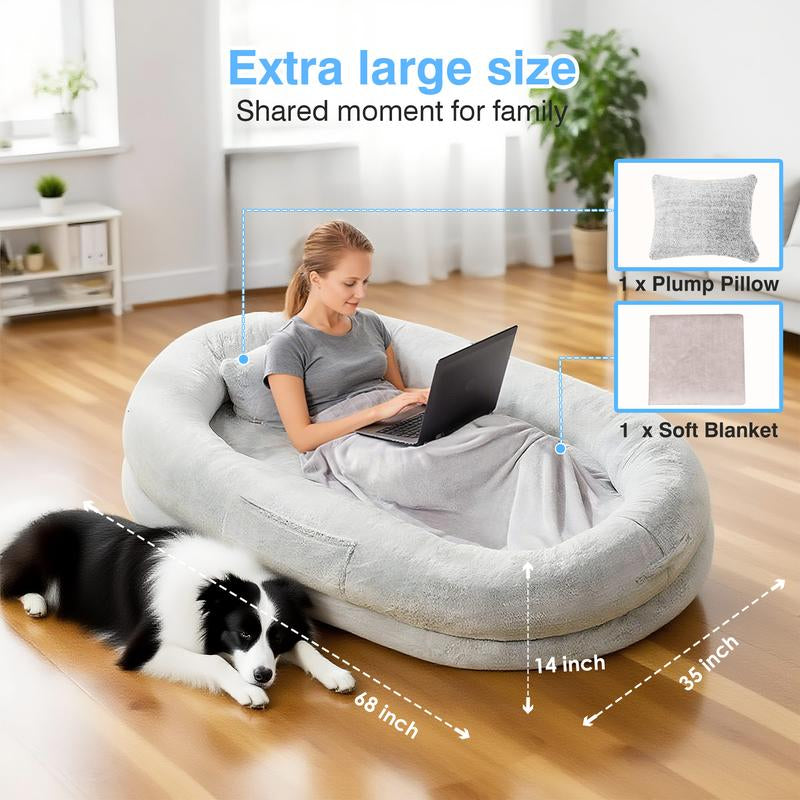 【Falldealsforyou】Xl Human Dog Bed for Adults & Pets | Faux Fur Orthopedic Lounger with Pillow & Blanket | Washable Cozy Bed for Adults & Pets-Bedding,A Must‑Have Gift for Pet Lovers