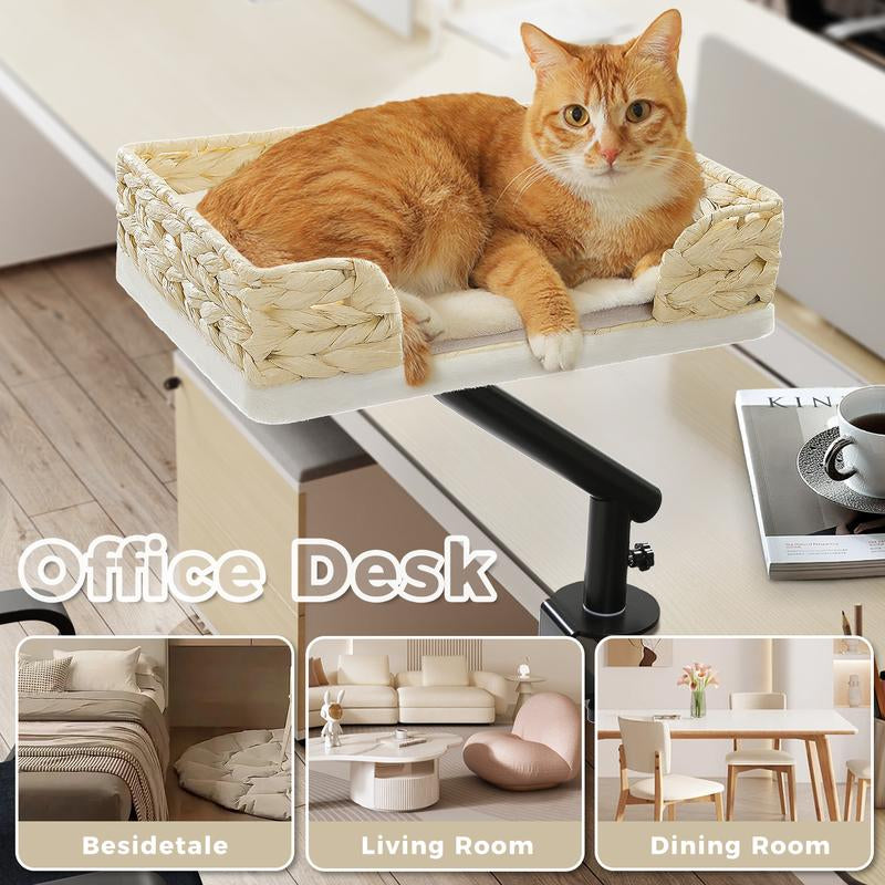 PAWZ Road Cat Desk Bed for Indoor Cats - 14 Inch Rotating Adjustable Cat Hammock Fits Tables under 5Cm - 50Lb Desktop Cat Bed with 360 Degree Rotation, White