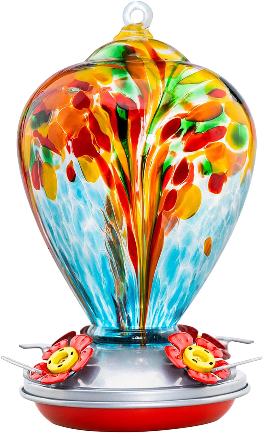 Hummingbird Feeders, 34OZ Hand Blown Glass Hummingbird Feeder for Outdoors Hanging with Ant Moathooks, Perfect for Gardening Yard Patio Decor Gifts (Rainbow)
