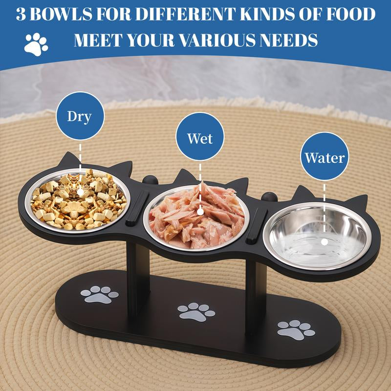 3-Layer Elevated Cat Feeder, Adjustable 15 Degree Angle, Stainless Steel Pet Food Bowl with 3 Brackets, Easy to Assemble and Carry, Detachable for Cleaning.