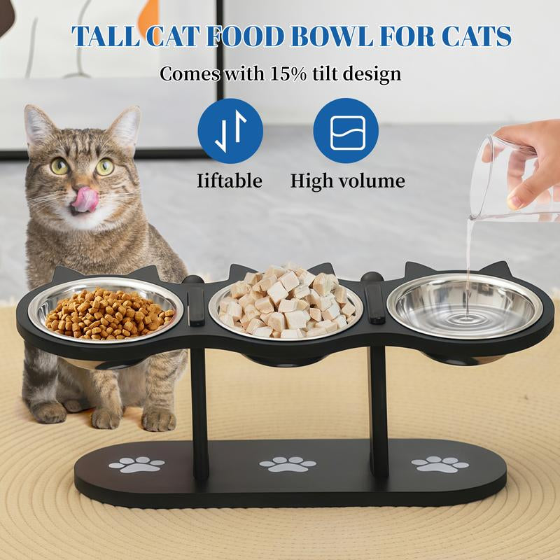 3-Layer Elevated Cat Feeder, Adjustable 15 Degree Angle, Stainless Steel Pet Food Bowl with 3 Brackets, Easy to Assemble and Carry, Detachable for Cleaning.