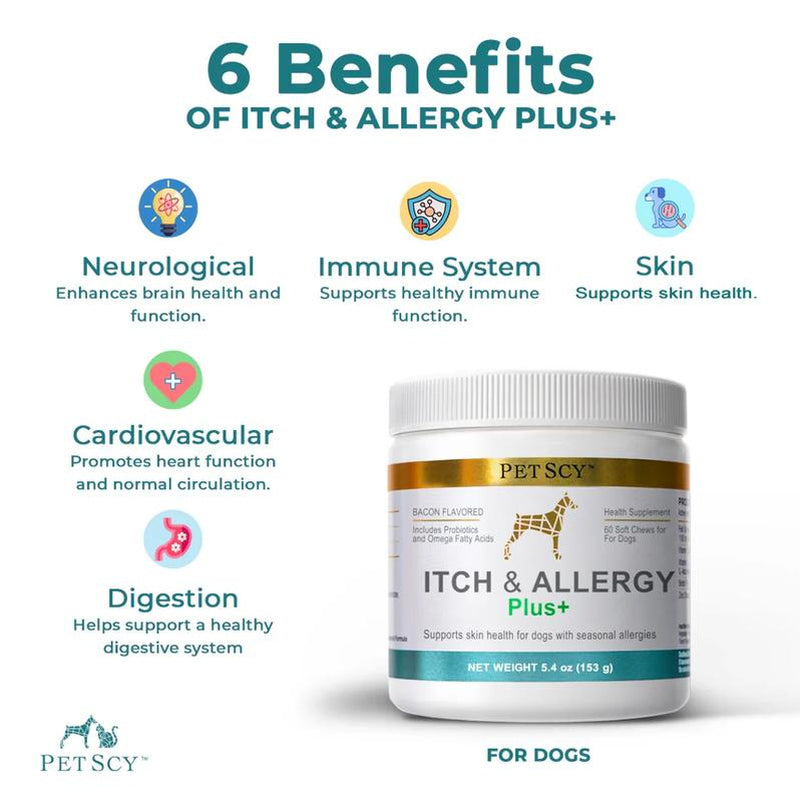 Petscy Itch & Allergy Plus+ for Dogs - Bacon-Flavored Chews with 9 Premium Ingredients for Fast Relief from Itching & Allergies - 60 Soft Chews per Jar - Vitamin