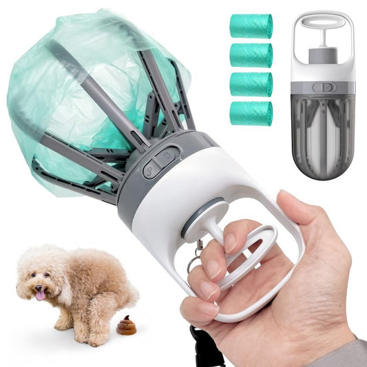 Portable Dog Pooper Scooper, 2-In-1 No Touch Handheld Claw with Bag Dispenser, Lightweight Waste Cleaner for Grass, Concrete Surfaces