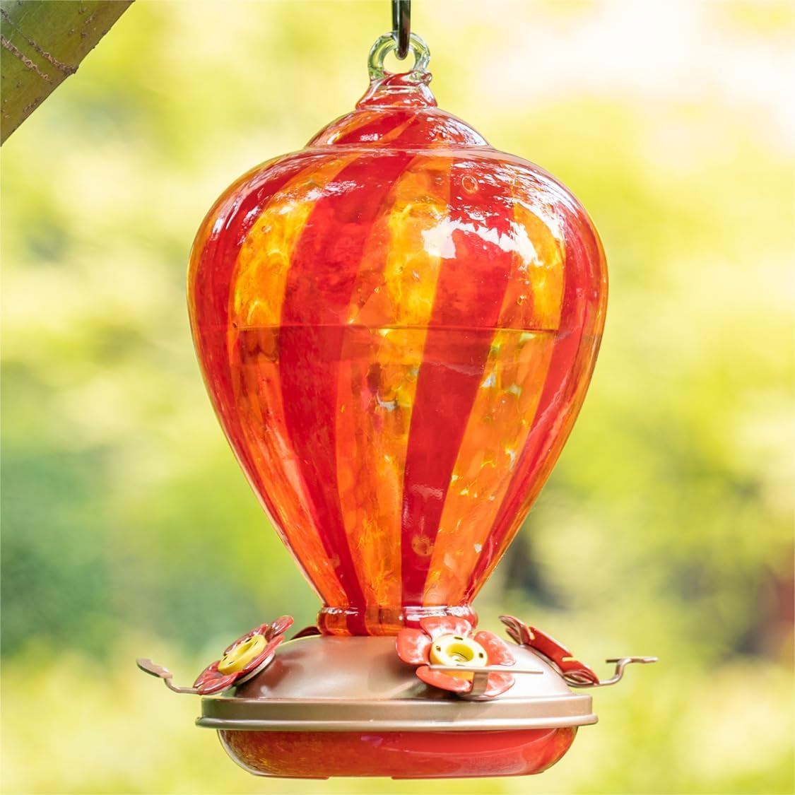 Hummingbird Feeders, 34OZ Hand Blown Glass Hummingbird Feeder for Outdoors Hanging with Ant Moathooks, Perfect for Gardening Yard Patio Decor Gifts (Rainbow)