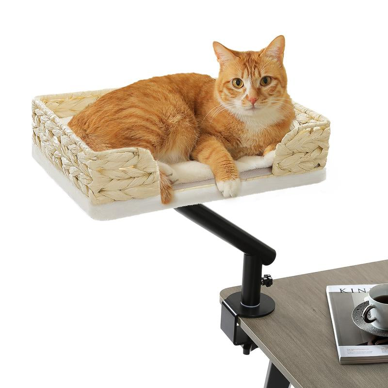 PAWZ Road Cat Desk Bed for Indoor Cats - 14 Inch Rotating Adjustable Cat Hammock Fits Tables under 5Cm - 50Lb Desktop Cat Bed with 360 Degree Rotation, White