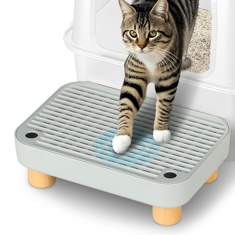 MISOFOG Cat Litter Box Ramp Double Layered Self-Cleaning with Filter Function Trapper Pedal Easy Clean Gray Tray Spacious Design for Most Litter Boxes,Wood