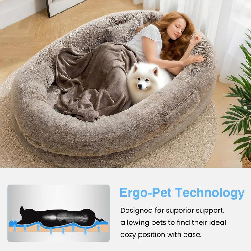 【Falldealsforyou】Xl Human Dog Bed for Adults & Pets | Faux Fur Orthopedic Lounger with Pillow & Blanket | Washable Cozy Bed for Adults & Pets-Bedding,A Must‑Have Gift for Pet Lovers