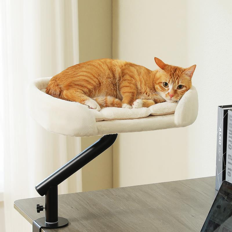 PAWZ Road Cat Desk Bed for Indoor Cats - 14 Inch Rotating Adjustable Cat Hammock Fits Tables under 5Cm - 50Lb Desktop Cat Bed with 360 Degree Rotation, White