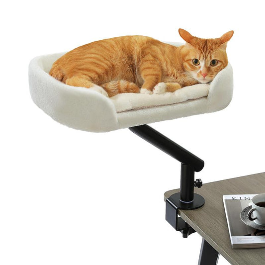 PAWZ Road Cat Desk Bed for Indoor Cats - 14 Inch Rotating Adjustable Cat Hammock Fits Tables under 5Cm - 50Lb Desktop Cat Bed with 360 Degree Rotation, White