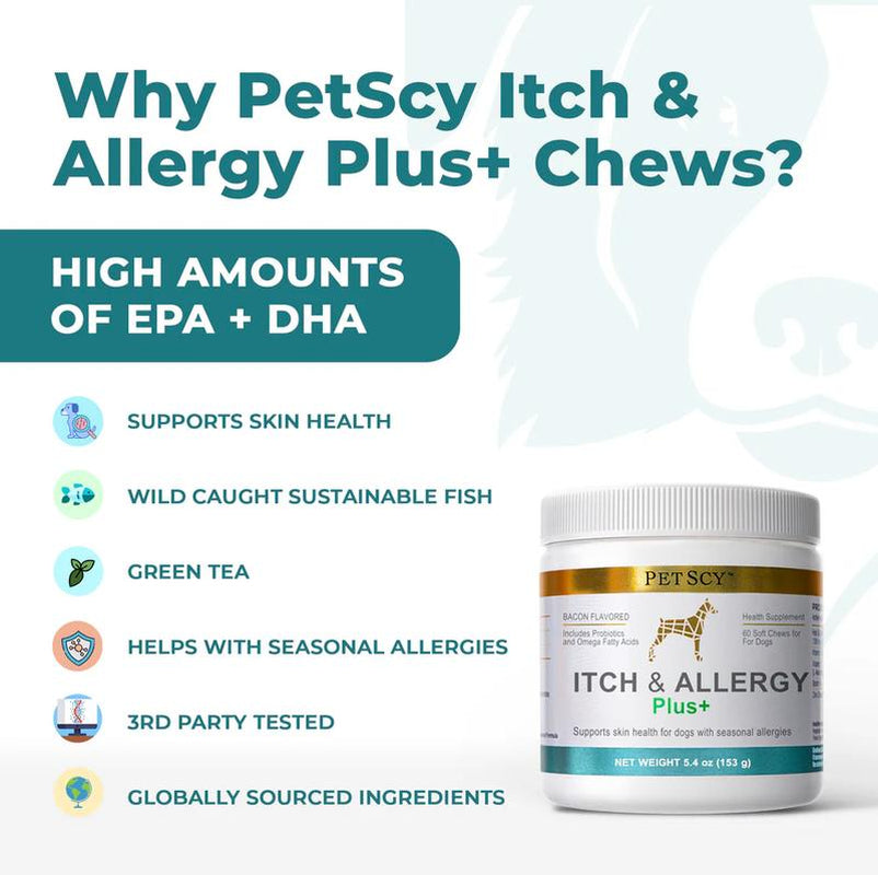 Petscy Itch & Allergy Plus+ for Dogs - Bacon-Flavored Chews with 9 Premium Ingredients for Fast Relief from Itching & Allergies - 60 Soft Chews per Jar - Vitamin