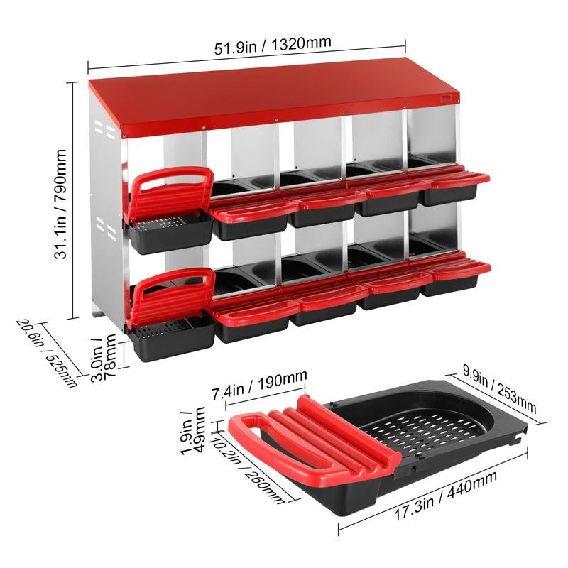 VEVOR Chicken Nest Box, 10-Compartment, 30 to 45 in Stable & Corrosion-Resistant Metal Nesting Boxes with Inclined Nesting Boxes, Bottom Holes & Resting Platform, Fit for Different Chicken Breeds
