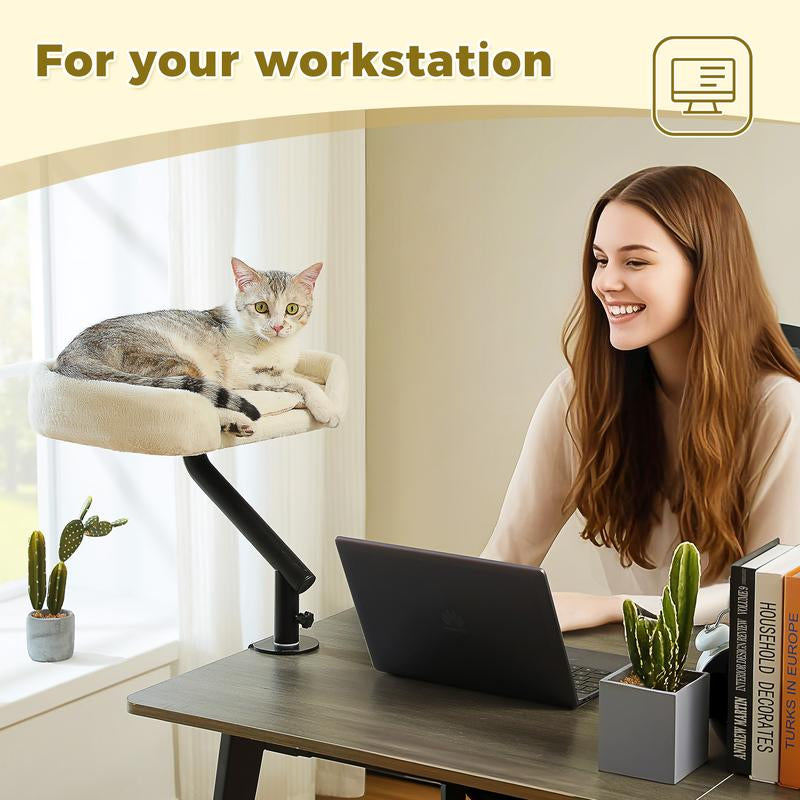 PAWZ Road Cat Desk Bed for Indoor Cats - 14 Inch Rotating Adjustable Cat Hammock Fits Tables under 5Cm - 50Lb Desktop Cat Bed with 360 Degree Rotation, White