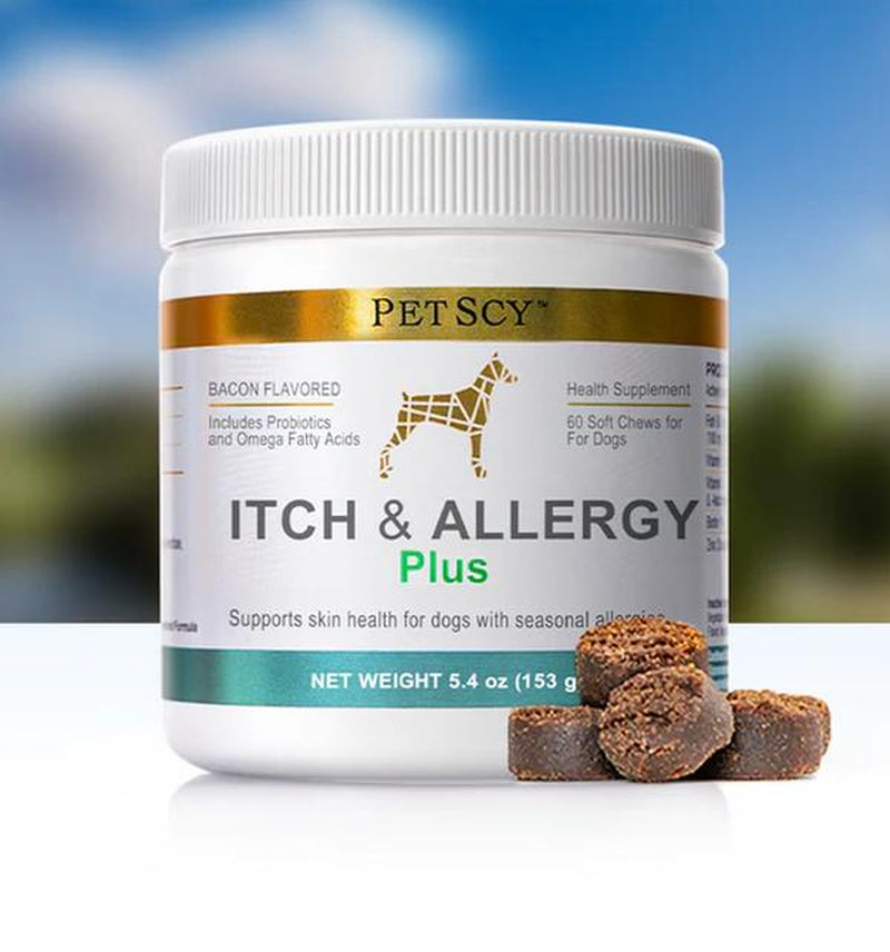 Petscy Itch & Allergy Plus+ for Dogs - Bacon-Flavored Chews with 9 Premium Ingredients for Fast Relief from Itching & Allergies - 60 Soft Chews per Jar - Vitamin