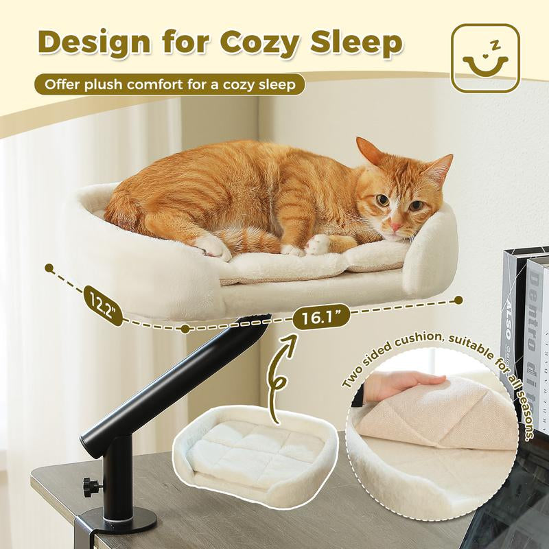 PAWZ Road Cat Desk Bed for Indoor Cats - 14 Inch Rotating Adjustable Cat Hammock Fits Tables under 5Cm - 50Lb Desktop Cat Bed with 360 Degree Rotation, White