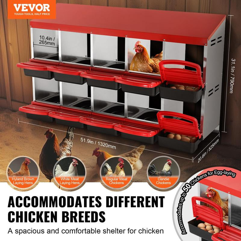 VEVOR Chicken Nest Box, 10-Compartment, 30 to 45 in Stable & Corrosion-Resistant Metal Nesting Boxes with Inclined Nesting Boxes, Bottom Holes & Resting Platform, Fit for Different Chicken Breeds