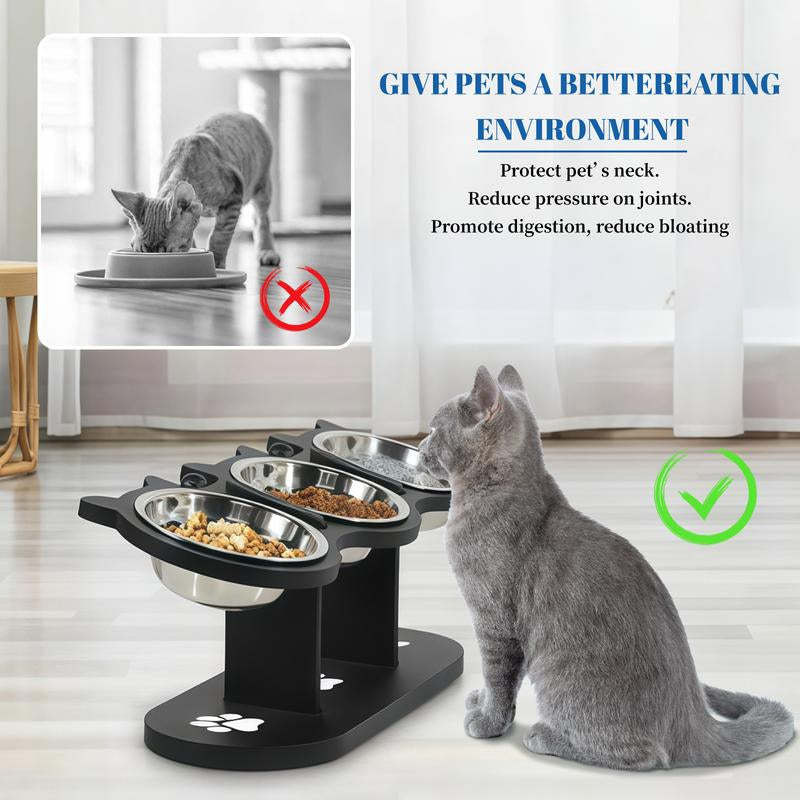 3-Layer Elevated Cat Feeder, Adjustable 15 Degree Angle, Stainless Steel Pet Food Bowl with 3 Brackets, Easy to Assemble and Carry, Detachable for Cleaning.