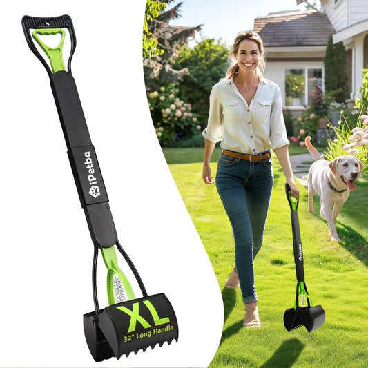 IPETBA 32" XL Dog Pooper Scoopers, 4-In-1 No Bending Foldable Long Handle Portable Pet Poop Picker Upper Non-Breakable Durable Spring for Gravel Dirt Grass