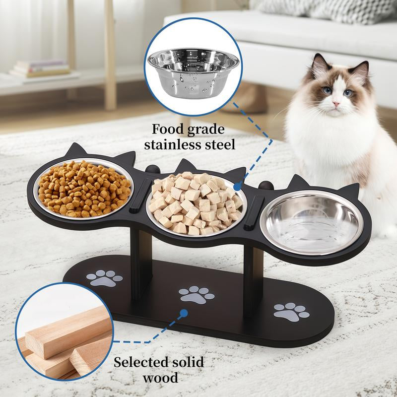 3-Layer Elevated Cat Feeder, Adjustable 15 Degree Angle, Stainless Steel Pet Food Bowl with 3 Brackets, Easy to Assemble and Carry, Detachable for Cleaning.