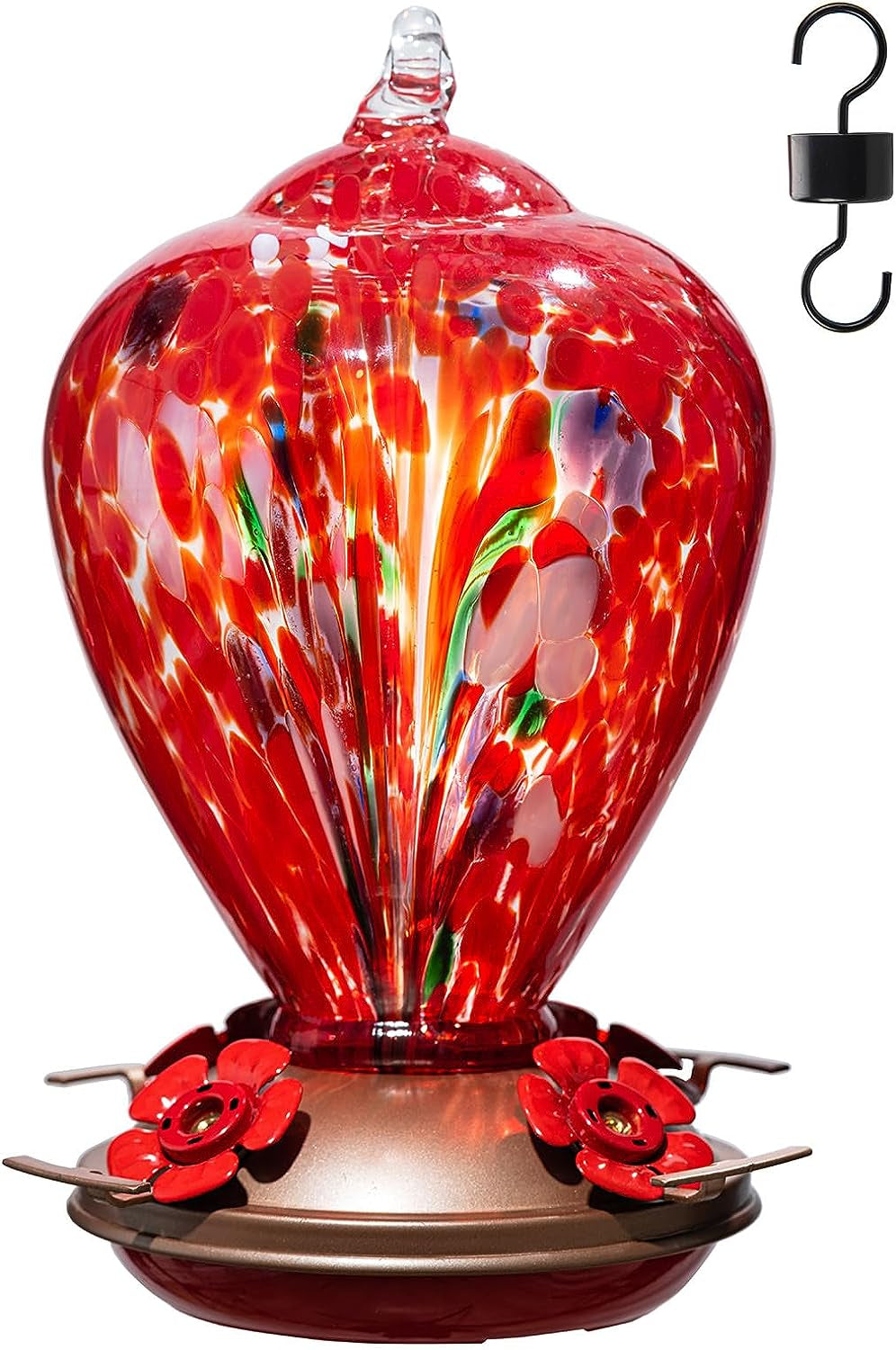Hummingbird Feeders, 34OZ Hand Blown Glass Hummingbird Feeder for Outdoors Hanging with Ant Moathooks, Perfect for Gardening Yard Patio Decor Gifts (Rainbow)