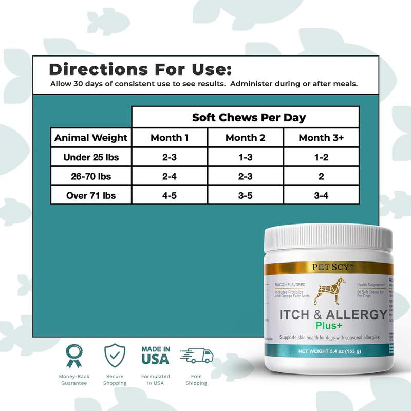 Petscy Itch & Allergy Plus+ for Dogs - Bacon-Flavored Chews with 9 Premium Ingredients for Fast Relief from Itching & Allergies - 60 Soft Chews per Jar - Vitamin