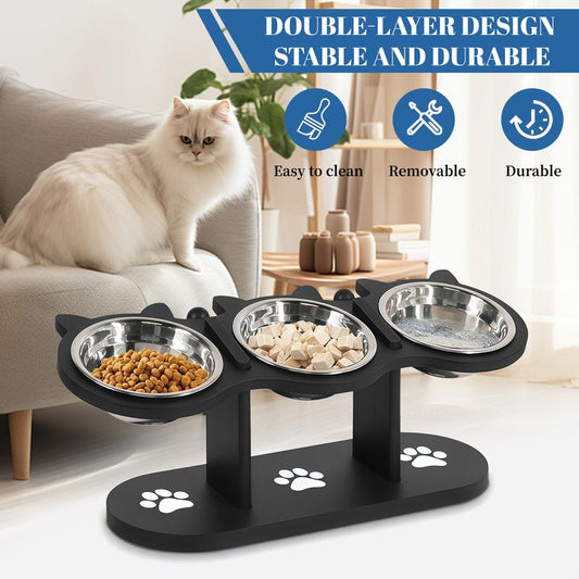 3-Layer Elevated Cat Feeder, Adjustable 15 Degree Angle, Stainless Steel Pet Food Bowl with 3 Brackets, Easy to Assemble and Carry, Detachable for Cleaning.