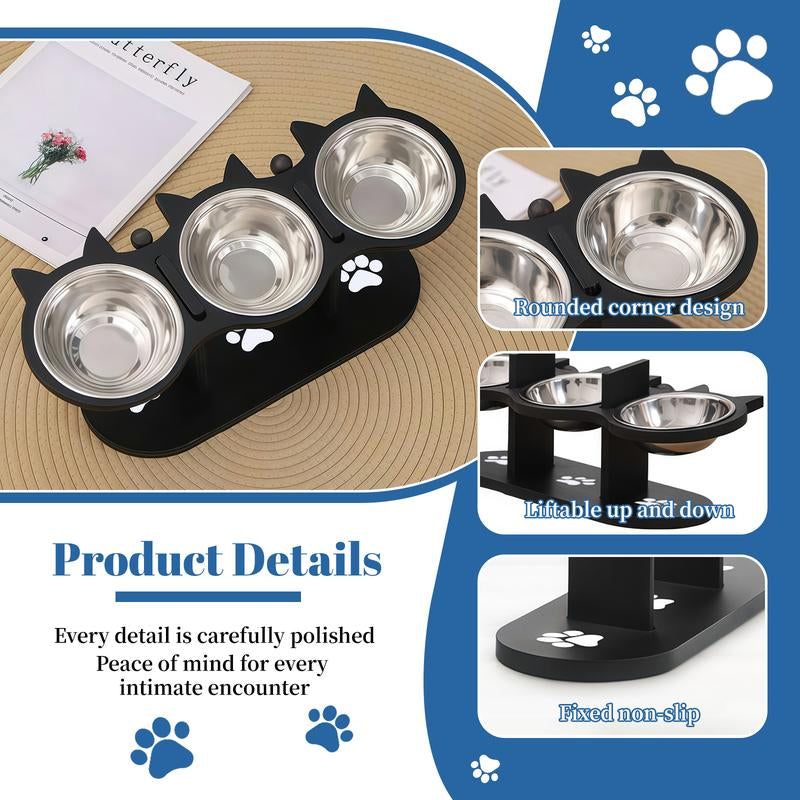 3-Layer Elevated Cat Feeder, Adjustable 15 Degree Angle, Stainless Steel Pet Food Bowl with 3 Brackets, Easy to Assemble and Carry, Detachable for Cleaning.