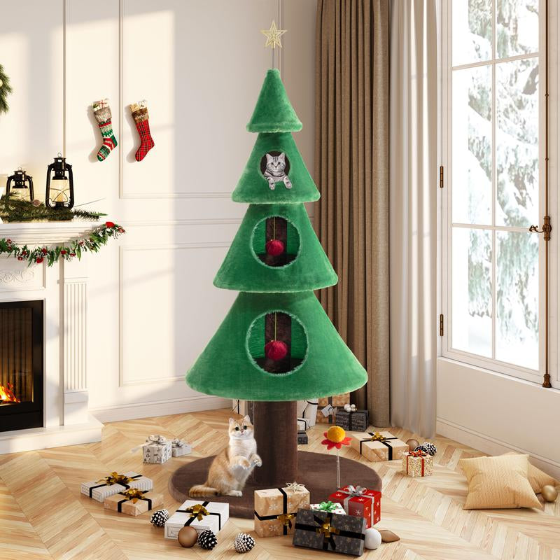 Allewie Christmas Tree Cat Tower for Indoor Cats - 48/63/67 Inch Holiday Themed Cat Activity Center with Plush Perch & Condo, Xmas Party Decoration,#Tiktokshopfalldealsforyou