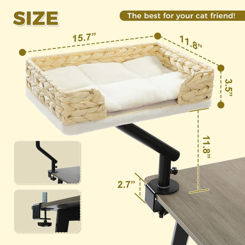 PAWZ Road Cat Desk Bed for Indoor Cats - 14 Inch Rotating Adjustable Cat Hammock Fits Tables under 5Cm - 50Lb Desktop Cat Bed with 360 Degree Rotation, White