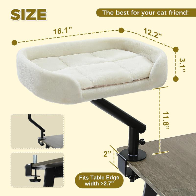 PAWZ Road Cat Desk Bed for Indoor Cats - 14 Inch Rotating Adjustable Cat Hammock Fits Tables under 5Cm - 50Lb Desktop Cat Bed with 360 Degree Rotation, White