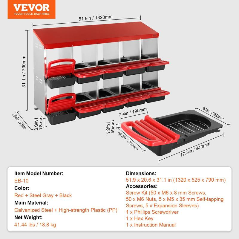 VEVOR Chicken Nest Box, 10-Compartment, 30 to 45 in Stable & Corrosion-Resistant Metal Nesting Boxes with Inclined Nesting Boxes, Bottom Holes & Resting Platform, Fit for Different Chicken Breeds