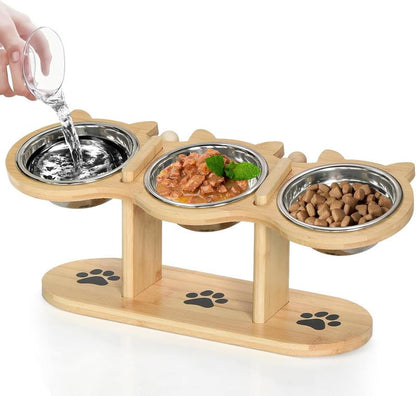 Raised Cat Food Bowls for Indoor Cats, Elevated Cat Bowls,Adjustable Heights Pet Bowl with Black Shelf,3 Stainless Steel Elevated Cat Bowls Stand with 15 ° Tilted,Cat Food and Water Bowl Setcat Food Bowl Slow Feeder Bowl