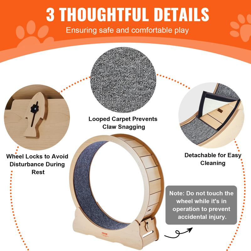 VEVOR Wooden Cat Exercise Wheel, 43.3" Large Cat Treadmill Wheel for Indoor Cats, Cat Running Wheel with Detachable Carpet & Cat Teaser for Running/Walking/Training, Suitable for Most Cats Yellow