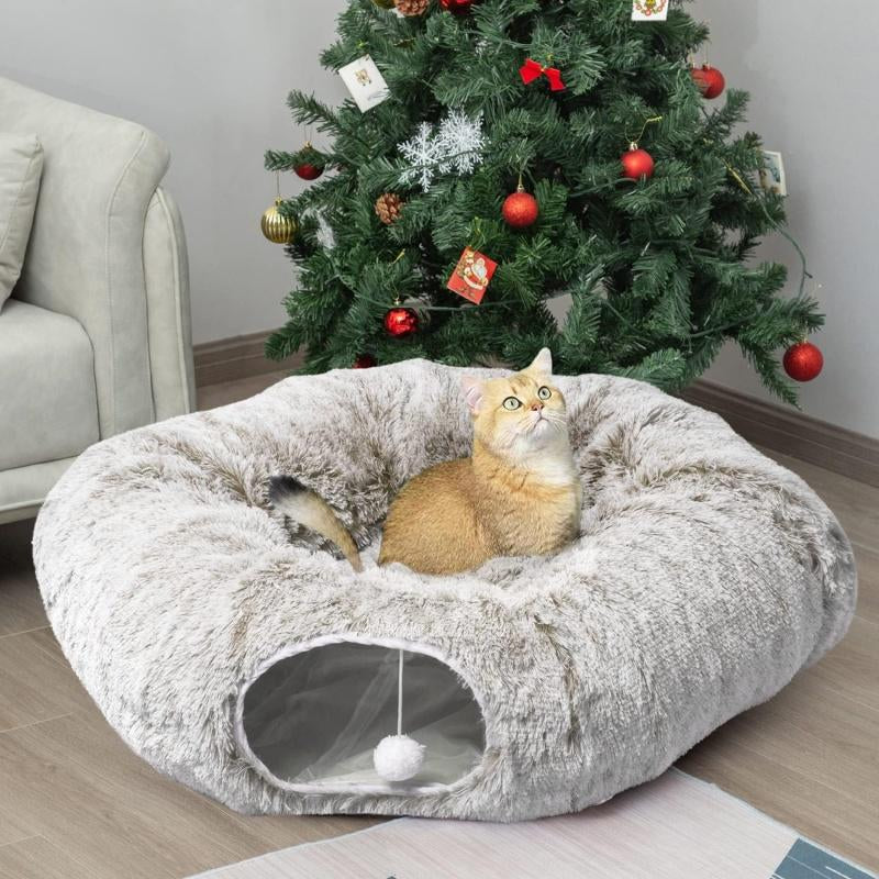 Cute Calming Kitten Beds - Soft Plush Warm Cat Tunnel Foldable Detachable Washable Multifunctional Splicing Design for Cozy Playtime & Relaxation