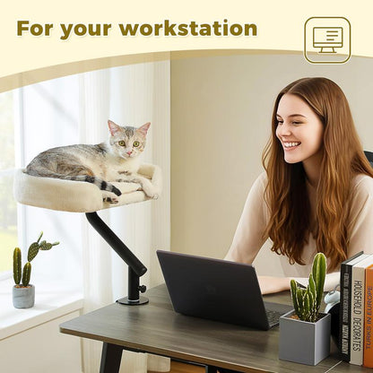 PAWZ Road Cat Desk Bed for Indoor Cats - 14 Inch Rotating Adjustable Cat Hammock Fits Tables under 5Cm - 50Lb Desktop Cat Bed with 360 Degree Rotation, White