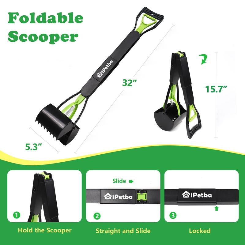 IPETBA 32" XL Dog Pooper Scoopers, 4-In-1 No Bending Foldable Long Handle Portable Pet Poop Picker Upper Non-Breakable Durable Spring for Gravel Dirt Grass