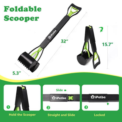 IPETBA 32" XL Dog Pooper Scoopers, 4-In-1 No Bending Foldable Long Handle Portable Pet Poop Picker Upper Non-Breakable Durable Spring for Gravel Dirt Grass