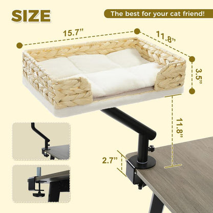 PAWZ Road Cat Desk Bed for Indoor Cats - 14 Inch Rotating Adjustable Cat Hammock Fits Tables under 5Cm - 50Lb Desktop Cat Bed with 360 Degree Rotation, White