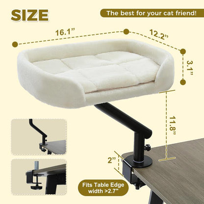 PAWZ Road Cat Desk Bed for Indoor Cats - 14 Inch Rotating Adjustable Cat Hammock Fits Tables under 5Cm - 50Lb Desktop Cat Bed with 360 Degree Rotation, White