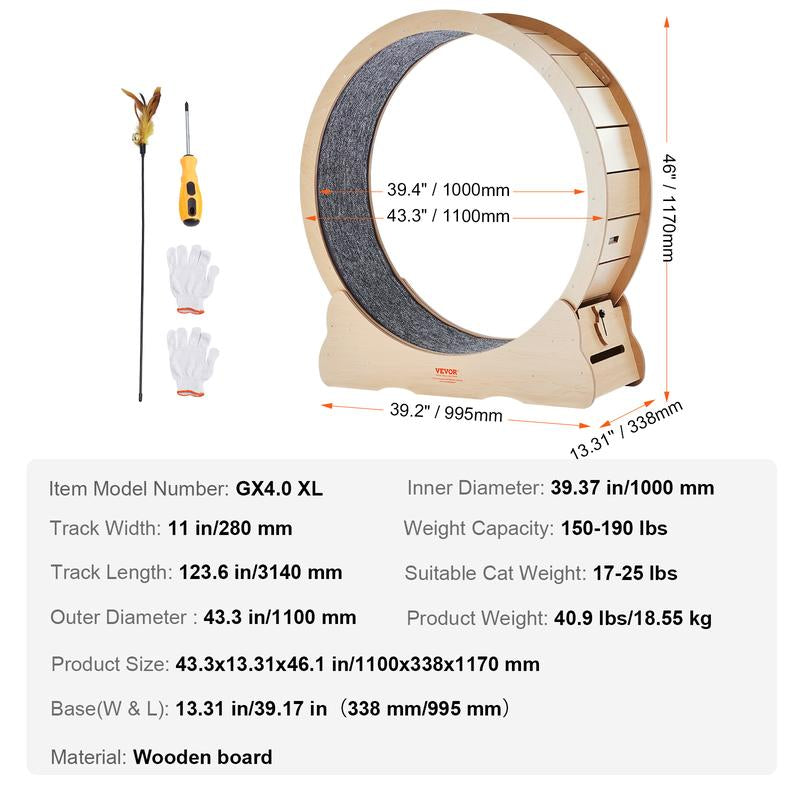 VEVOR Wooden Cat Exercise Wheel, 43.3" Large Cat Treadmill Wheel for Indoor Cats, Cat Running Wheel with Detachable Carpet & Cat Teaser for Running/Walking/Training, Suitable for Most Cats Yellow